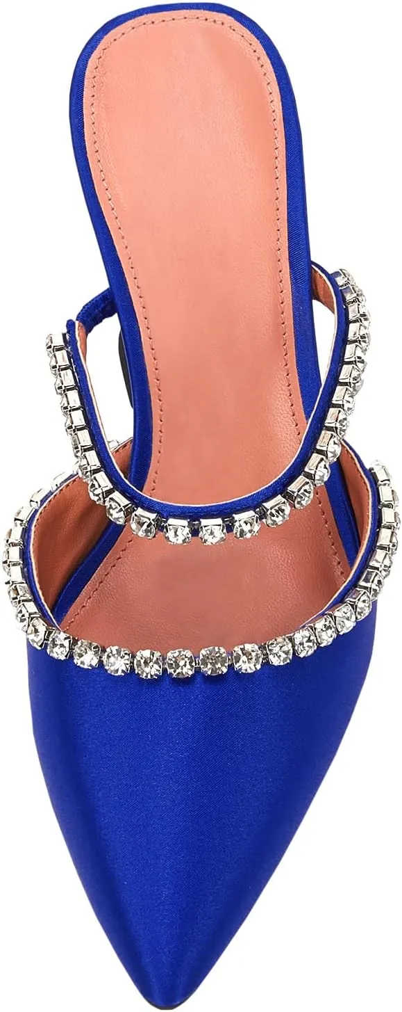 VETASTE Women's Pointed Toe Strappy Heels Crystal Satin Heeled Mules Wedding Party Shoes