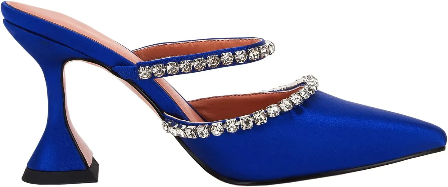 VETASTE Women's Pointed Toe Strappy Heels Crystal Satin Heeled Mules Wedding Party Shoes