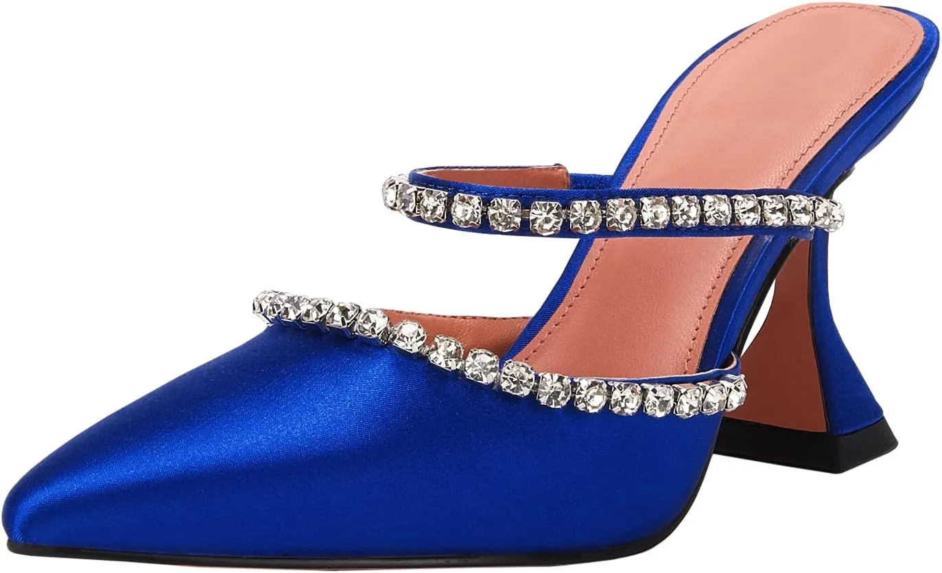 VETASTE Women's Pointed Toe Strappy Heels Crystal Satin Heeled Mules Wedding Party Shoes