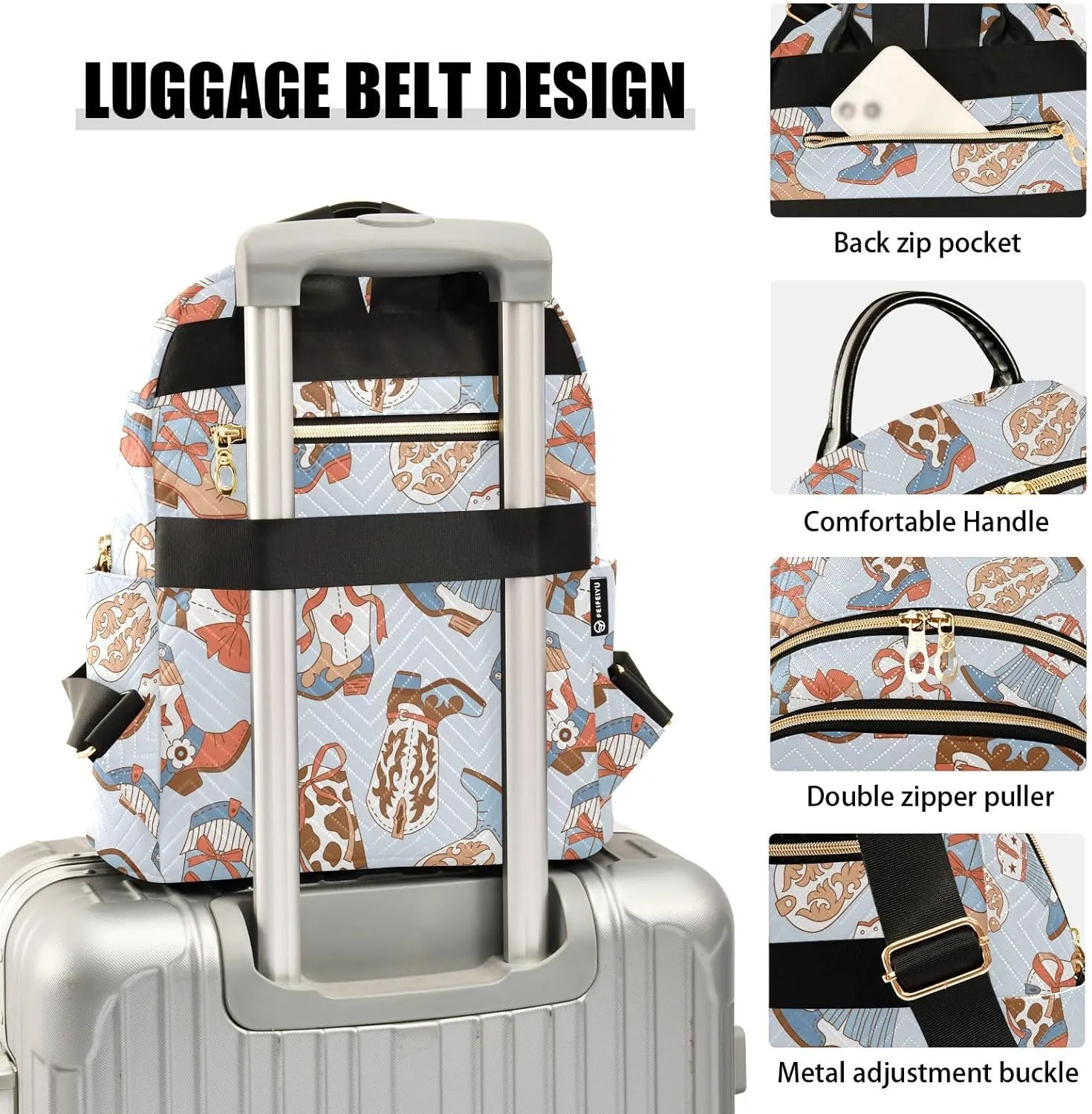 VIGTRO Women Fashion Backpack Quilted Mini Purse Blue West Cowboy Boots, Lightweight Travel Casual Shoulder Backpack with Adjustable Straps Size S