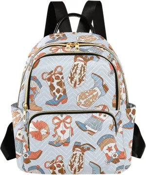 VIGTRO Women Fashion Backpack Quilted Mini Purse Blue West Cowboy Boots, Lightweight Travel Casual Shoulder Backpack with Adjustable Straps Size S