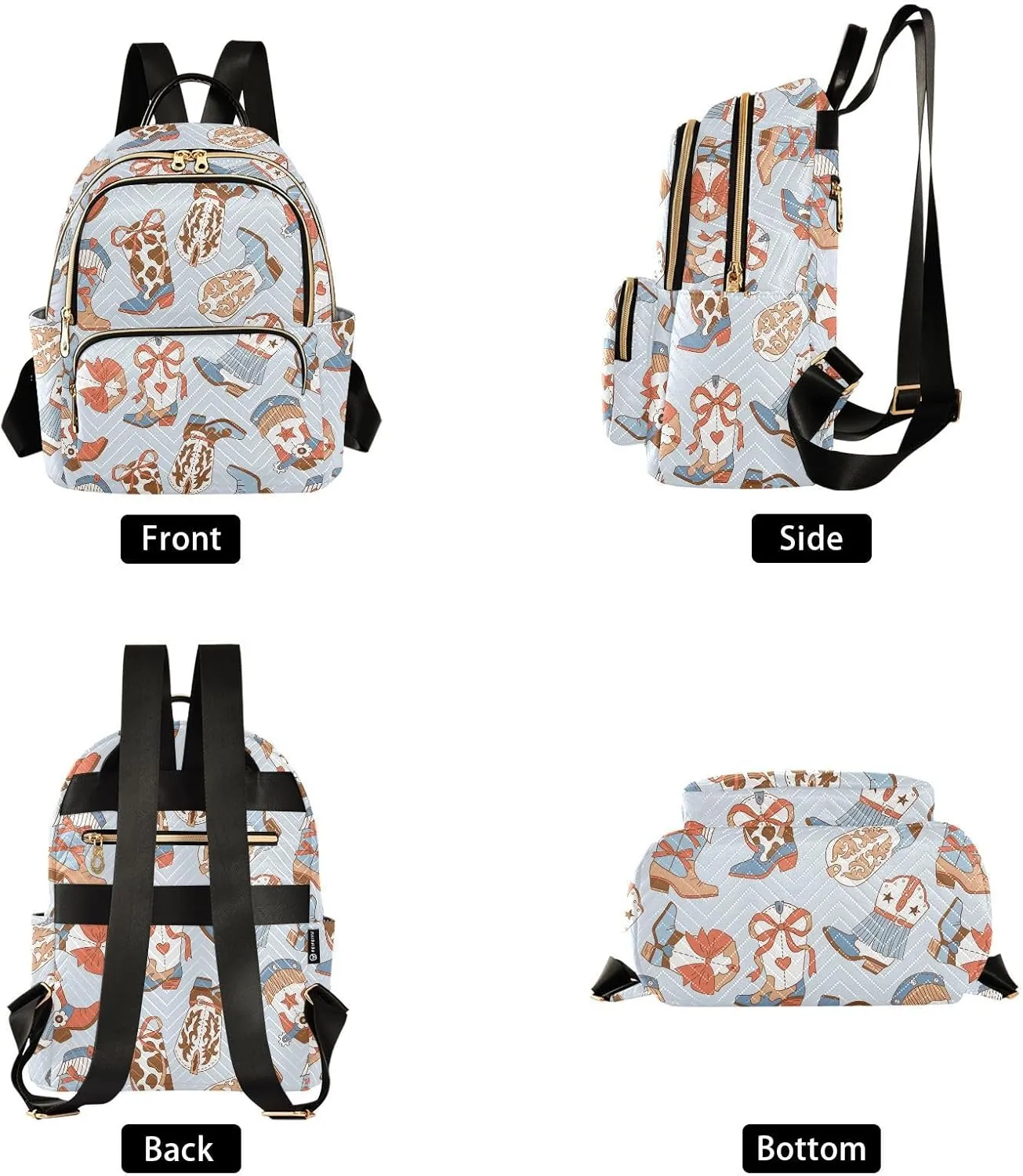 VIGTRO Women Fashion Backpack Quilted Mini Purse Blue West Cowboy Boots, Lightweight Travel Casual Shoulder Backpack with Adjustable Straps Size S