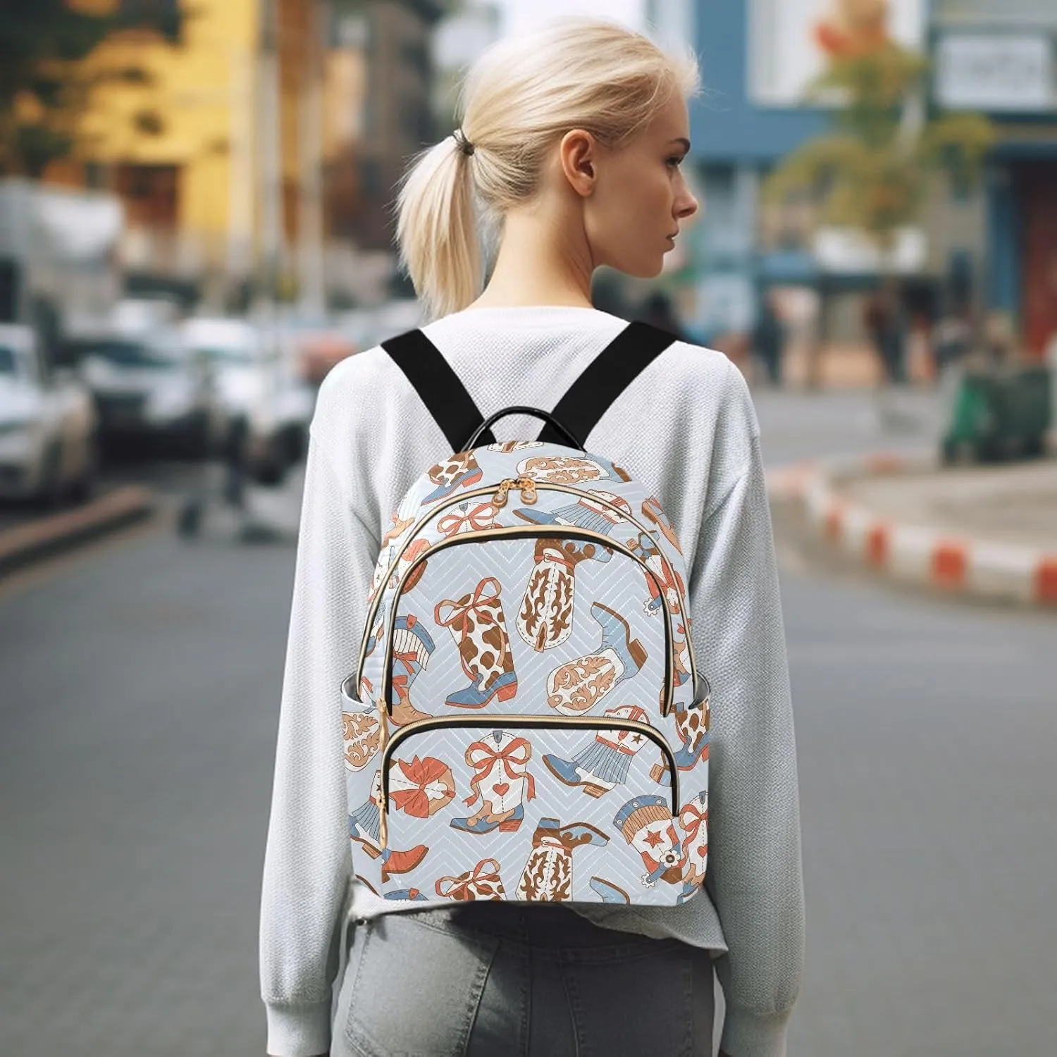 VIGTRO Women Fashion Backpack Quilted Mini Purse Blue West Cowboy Boots, Lightweight Travel Casual Shoulder Backpack with Adjustable Straps Size S