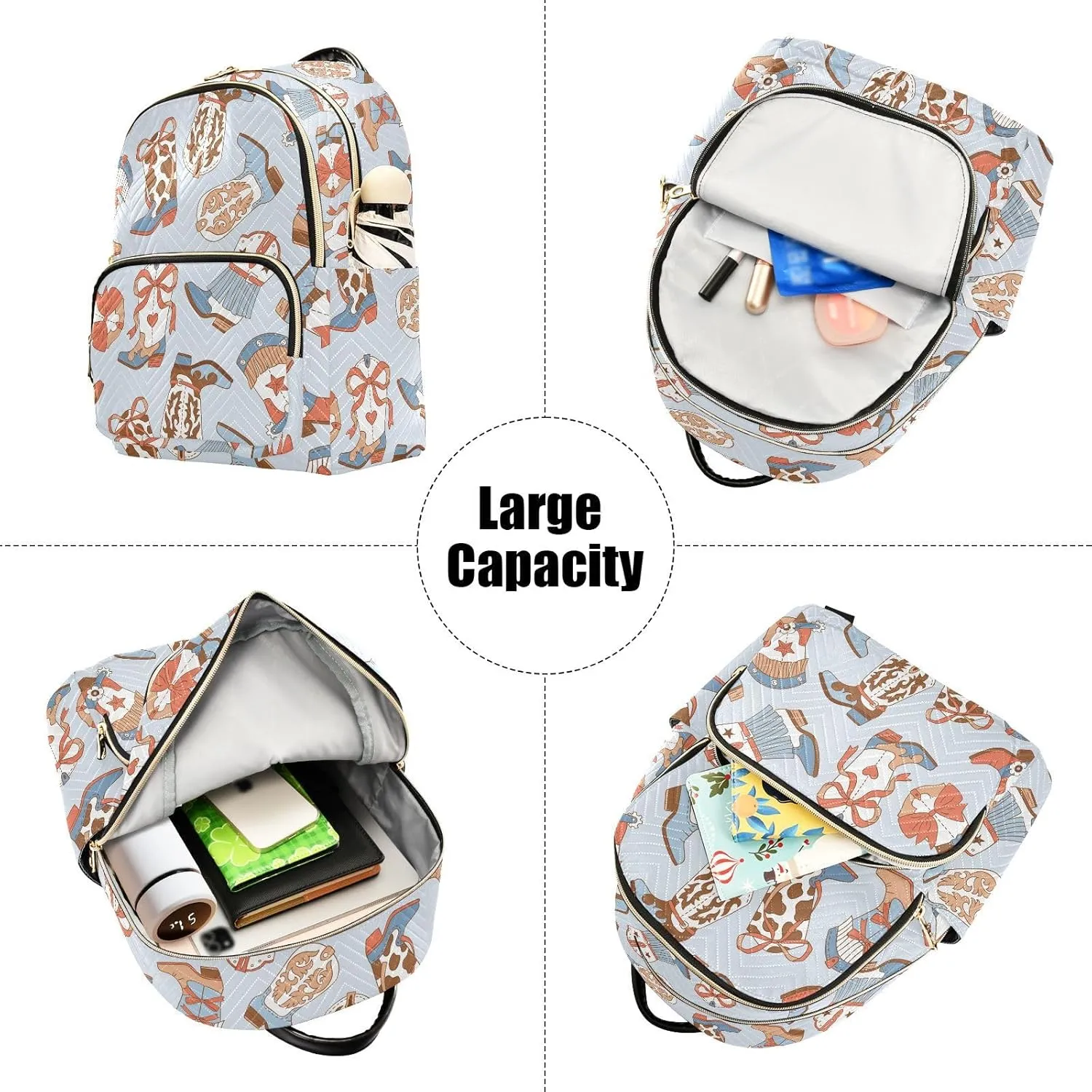 VIGTRO Women Fashion Backpack Quilted Mini Purse Blue West Cowboy Boots, Lightweight Travel Casual Shoulder Backpack with Adjustable Straps Size S