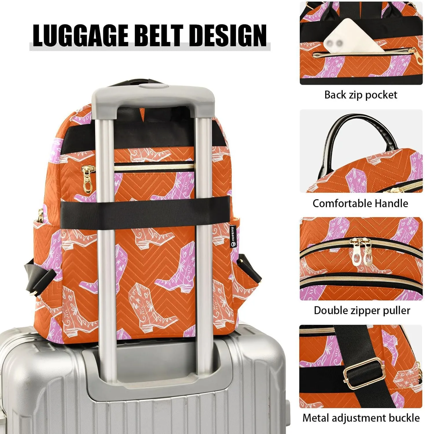 VIGTRO Women Fashion Backpack Quilted Mini Purse Bohemia West Boots, Lightweight Travel Casual Shoulder Backpack with Adjustable Straps Size S