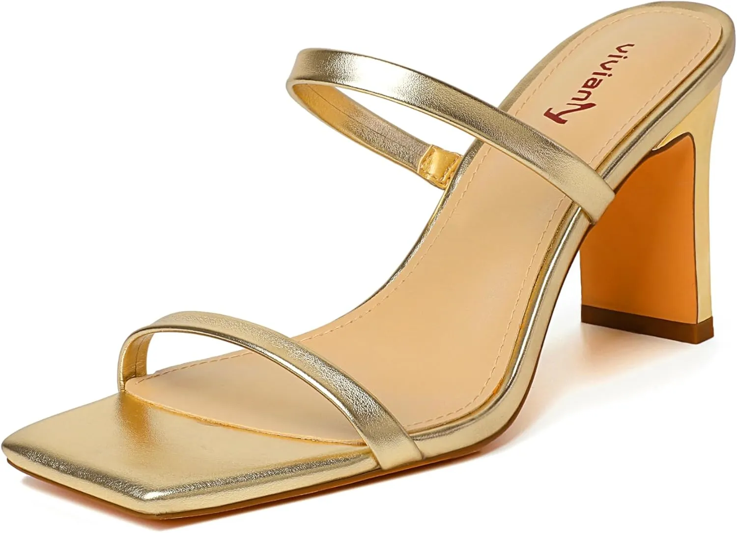 vivianly Womens Chunky Heels 3.15 Inch Square Toe Heeled Sandals Slip On Block Heels Sandals Two Strap Heeled Mules