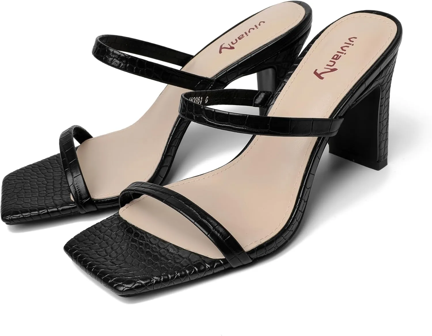 vivianly Womens Chunky Heels 3.15 Inch Square Toe Heeled Sandals Slip On Block Heels Sandals Two Strap Heeled Mules