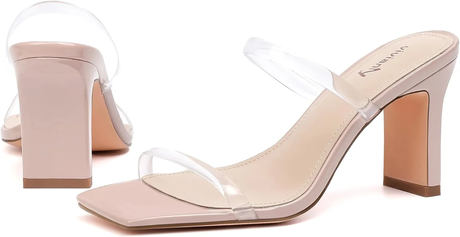 vivianly Womens Chunky Heels 3.15 Inch Square Toe Heeled Sandals Slip On Block Heels Sandals Two Strap Heeled Mules