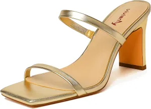 vivianly Womens Chunky Heels 3.15 Inch Square Toe Heeled Sandals Slip On Block Heels Sandals Two Strap Heeled Mules