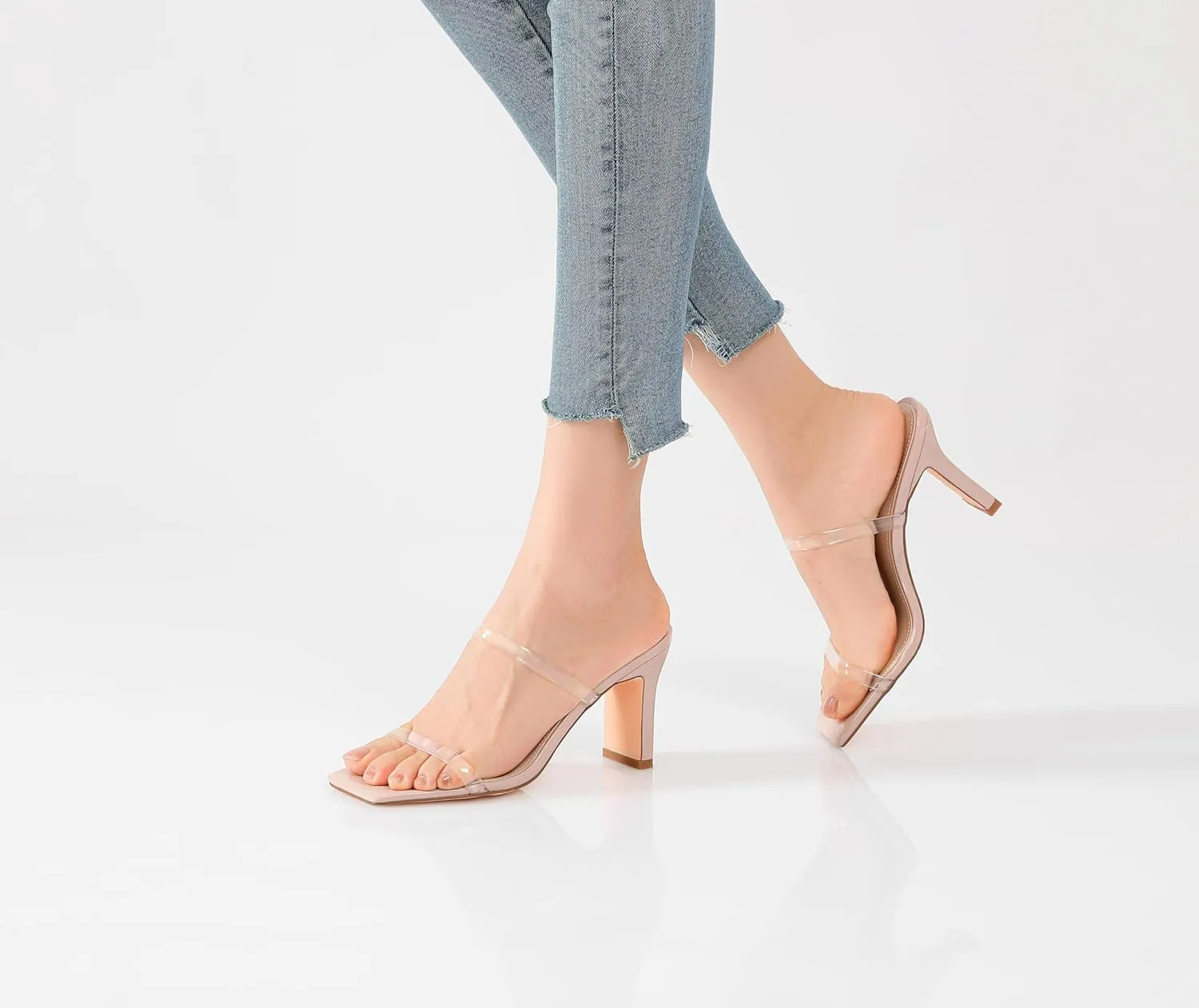 vivianly Womens Chunky Heels 3.15 Inch Square Toe Heeled Sandals Slip On Block Heels Sandals Two Strap Heeled Mules