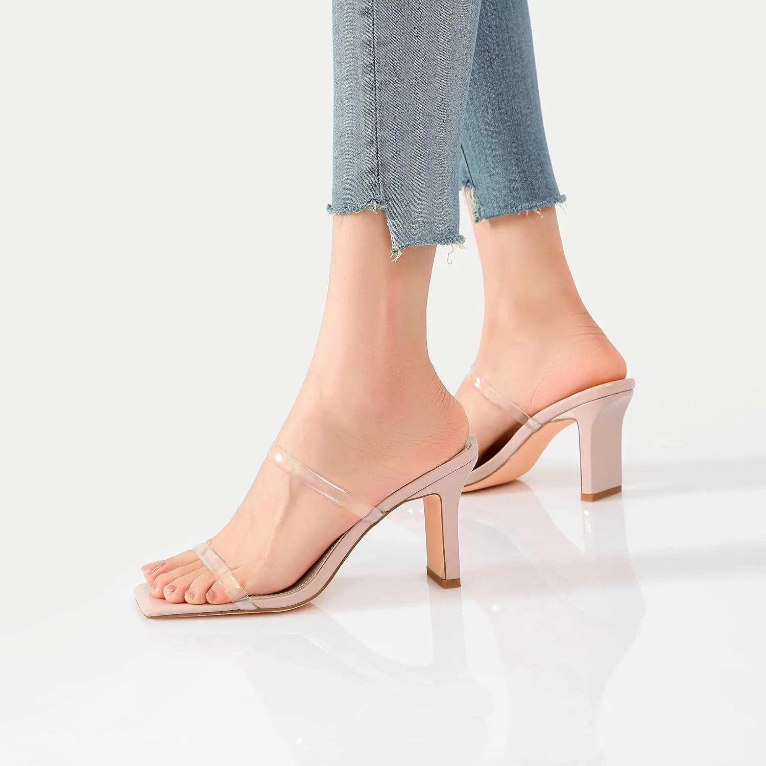vivianly Womens Chunky Heels 3.15 Inch Square Toe Heeled Sandals Slip On Block Heels Sandals Two Strap Heeled Mules