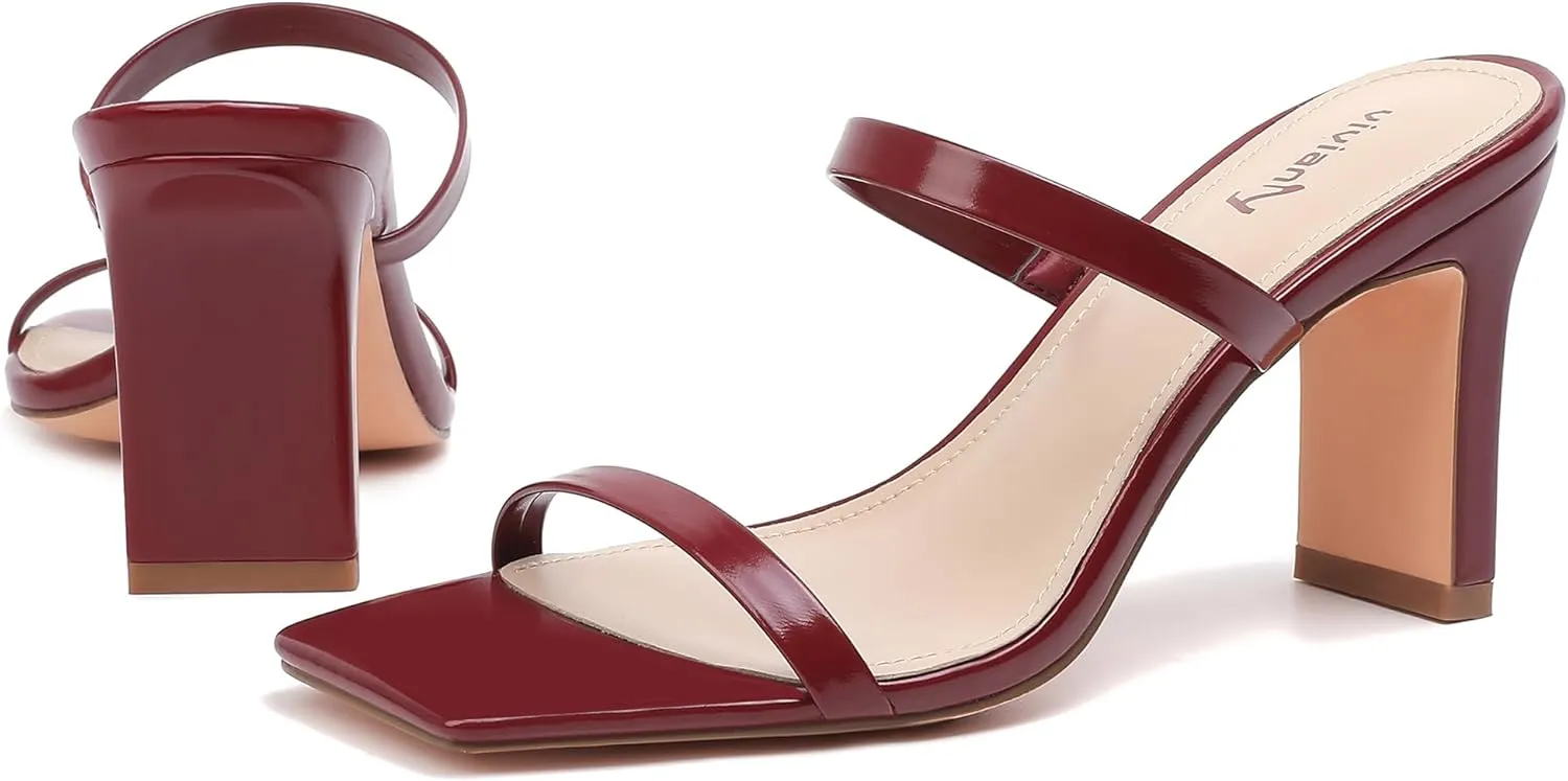 vivianly Womens Chunky Heels 3.15 Inch Square Toe Heeled Sandals Slip On Block Heels Sandals Two Strap Heeled Mules