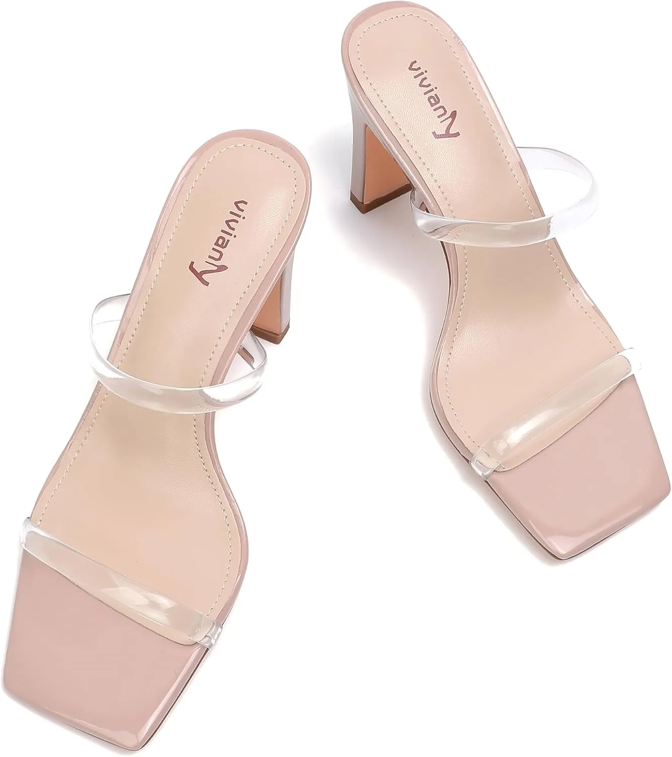 vivianly Womens Chunky Heels 3.15 Inch Square Toe Heeled Sandals Slip On Block Heels Sandals Two Strap Heeled Mules