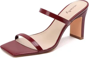 vivianly Womens Chunky Heels 3.15 Inch Square Toe Heeled Sandals Slip On Block Heels Sandals Two Strap Heeled Mules