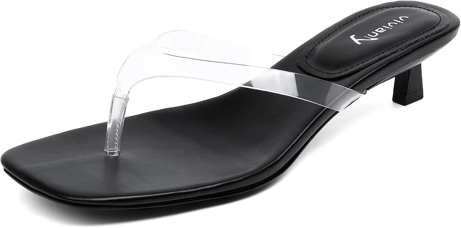 vivianly Women's Flip Flops Kitten Heel Sandals Backless Slippers Stiletto Heel Pinch toe Sandals Slip on Slides Mules