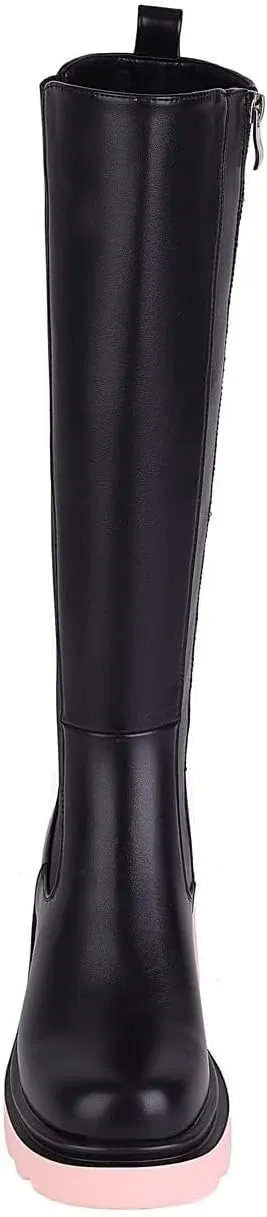 Vivianly Women's Knee High Chunky Block Heel Elastic Lug Sole Stretch Riding Boots with Round Toe and Side Zipper Platform Boots