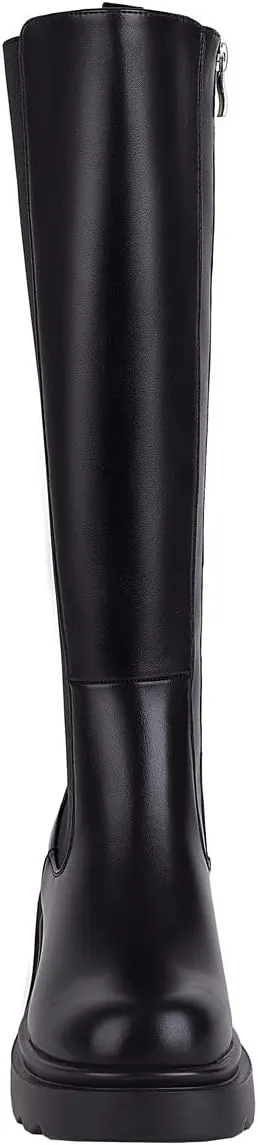 Vivianly Women's Knee High Chunky Block Heel Elastic Lug Sole Stretch Riding Boots with Round Toe and Side Zipper Platform Boots