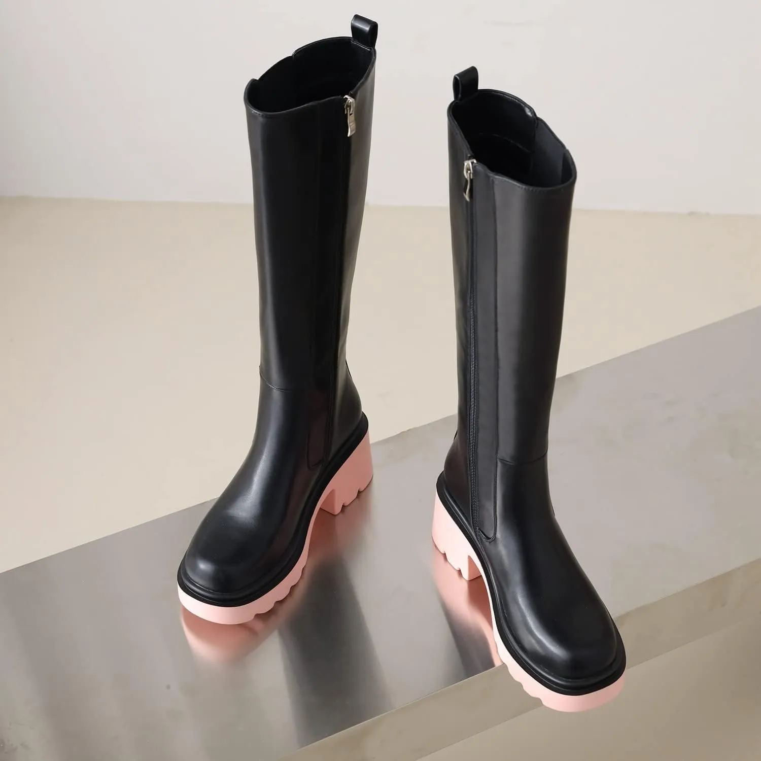Vivianly Women's Knee High Chunky Block Heel Elastic Lug Sole Stretch Riding Boots with Round Toe and Side Zipper Platform Boots
