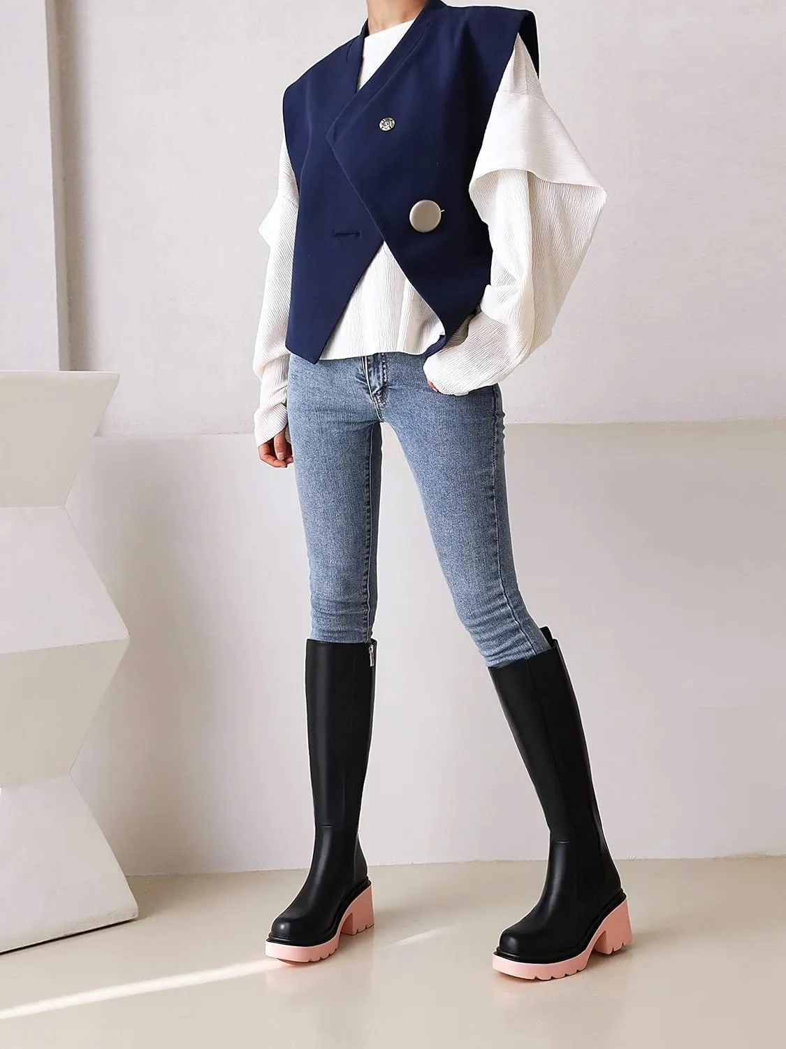 Vivianly Women's Knee High Chunky Block Heel Elastic Lug Sole Stretch Riding Boots with Round Toe and Side Zipper Platform Boots