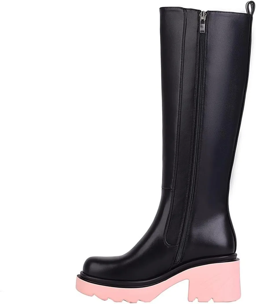 Vivianly Women's Knee High Chunky Block Heel Elastic Lug Sole Stretch Riding Boots with Round Toe and Side Zipper Platform Boots