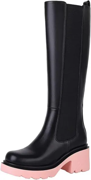 Vivianly Women's Knee High Chunky Block Heel Elastic Lug Sole Stretch Riding Boots with Round Toe and Side Zipper Platform Boots