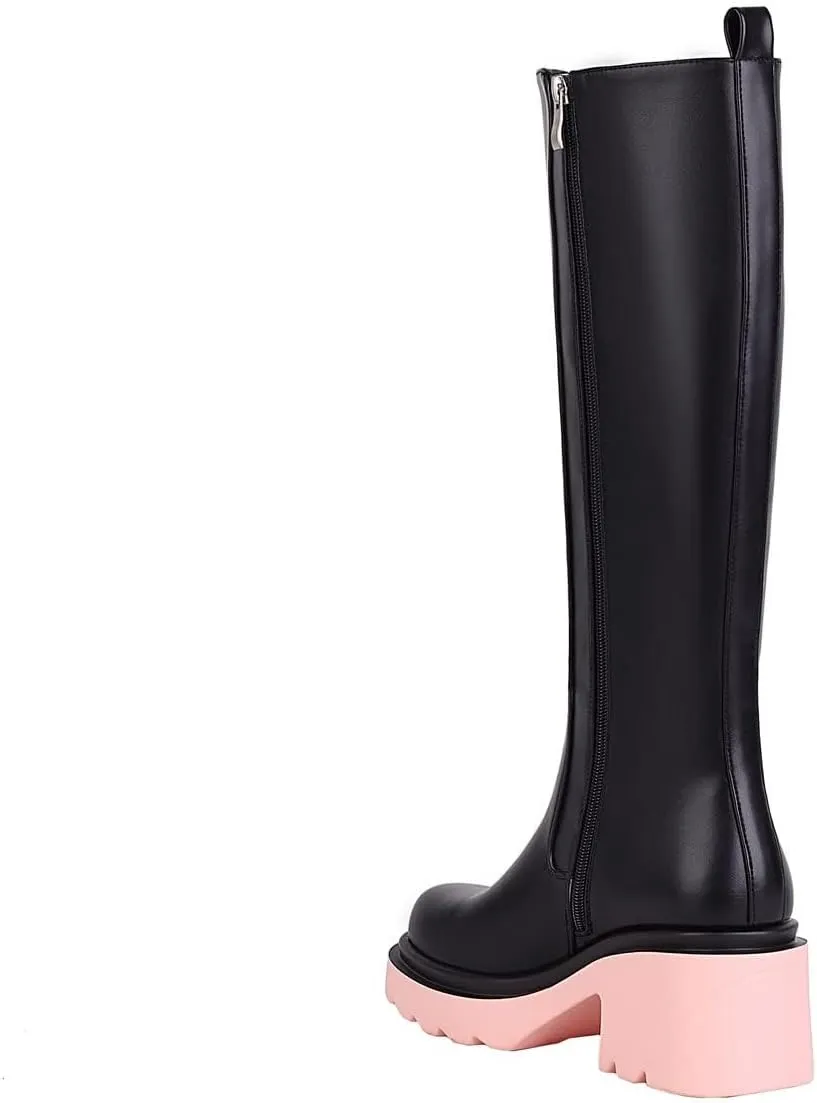 Vivianly Women's Knee High Chunky Block Heel Elastic Lug Sole Stretch Riding Boots with Round Toe and Side Zipper Platform Boots
