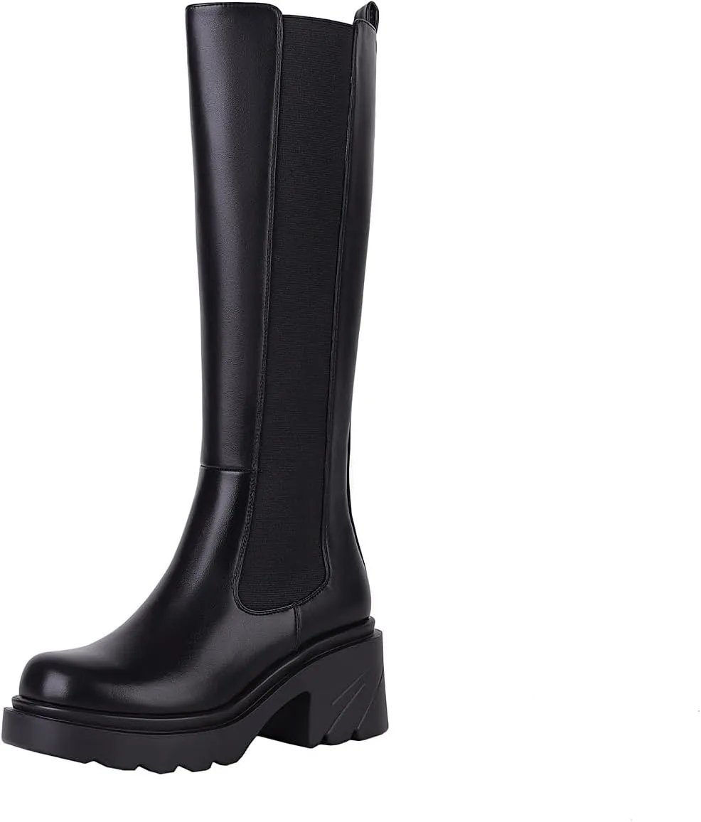 Vivianly Women's Knee High Chunky Block Heel Elastic Lug Sole Stretch Riding Boots with Round Toe and Side Zipper Platform Boots