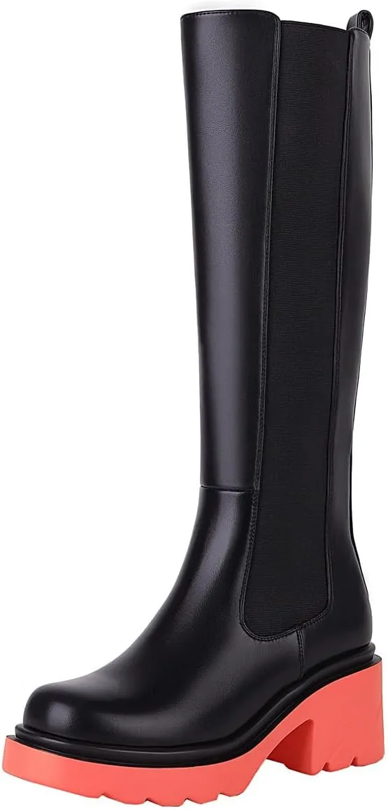 Vivianly Women's Knee High Chunky Block Heel Elastic Lug Sole Stretch Riding Boots with Round Toe and Side Zipper Platform Boots