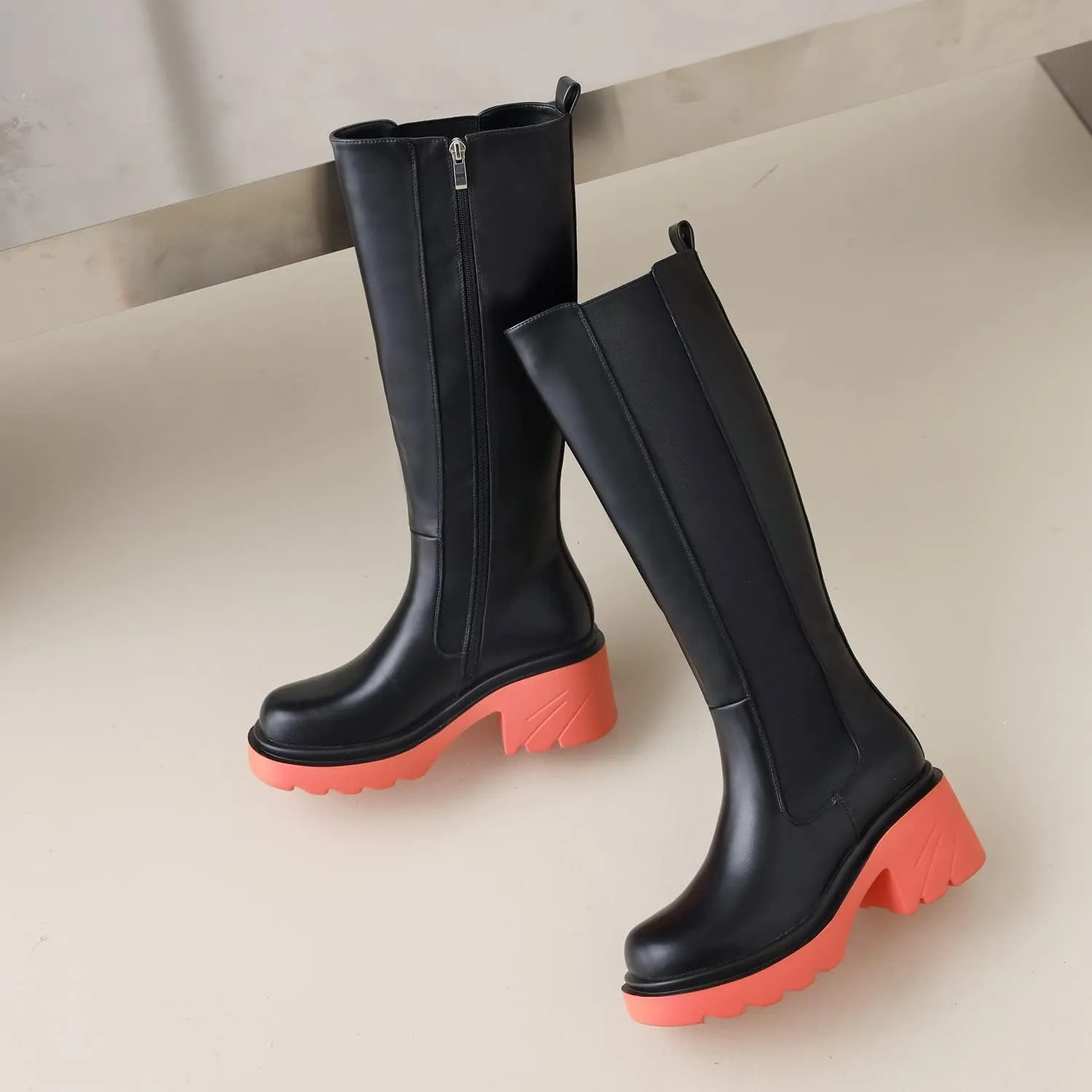 Vivianly Women's Knee High Chunky Block Heel Elastic Lug Sole Stretch Riding Boots with Round Toe and Side Zipper Platform Boots