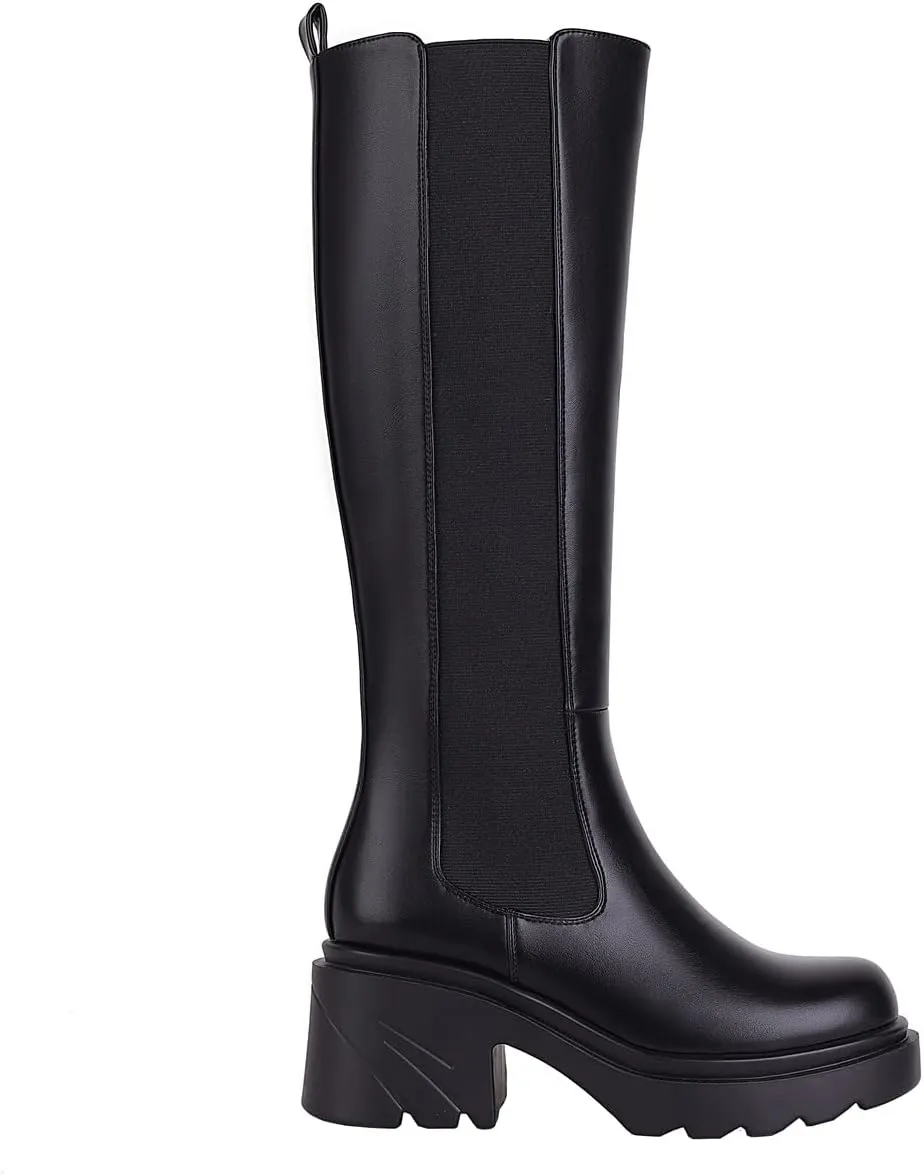 Vivianly Women's Knee High Chunky Block Heel Elastic Lug Sole Stretch Riding Boots with Round Toe and Side Zipper Platform Boots