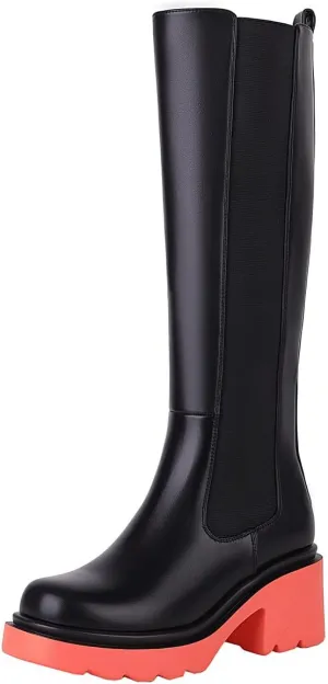 Vivianly Women's Knee High Chunky Block Heel Elastic Lug Sole Stretch Riding Boots with Round Toe and Side Zipper Platform Boots
