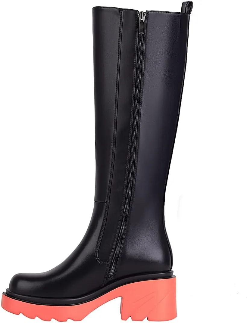 Vivianly Women's Knee High Chunky Block Heel Elastic Lug Sole Stretch Riding Boots with Round Toe and Side Zipper Platform Boots