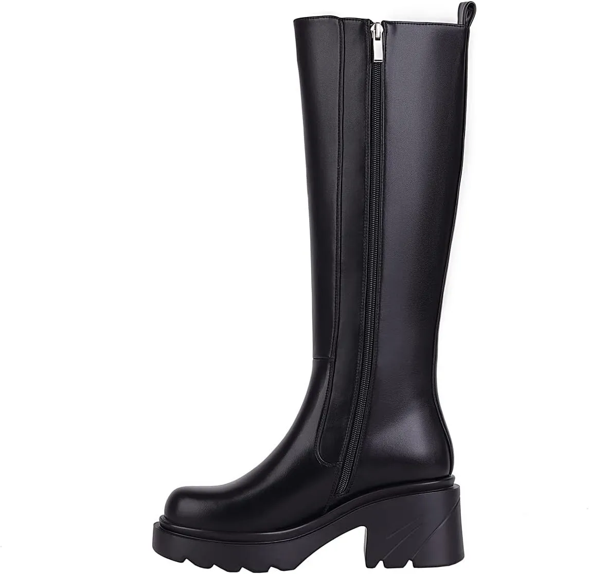 Vivianly Women's Knee High Chunky Block Heel Elastic Lug Sole Stretch Riding Boots with Round Toe and Side Zipper Platform Boots