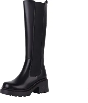 Vivianly Women's Knee High Chunky Block Heel Elastic Lug Sole Stretch Riding Boots with Round Toe and Side Zipper Platform Boots