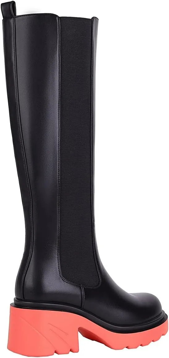 Vivianly Women's Knee High Chunky Block Heel Elastic Lug Sole Stretch Riding Boots with Round Toe and Side Zipper Platform Boots