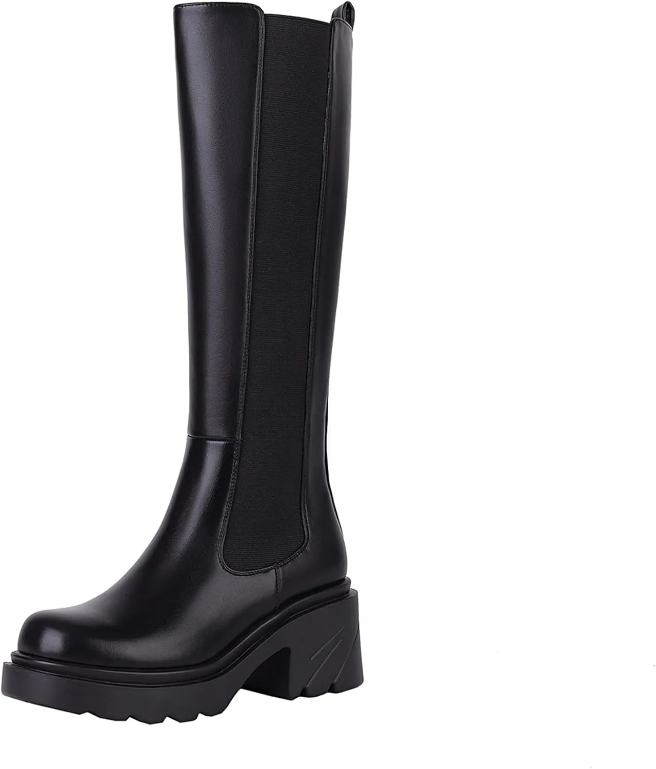 Vivianly Women's Knee High Chunky Block Heel Elastic Lug Sole Stretch Riding Boots with Round Toe and Side Zipper Platform Boots