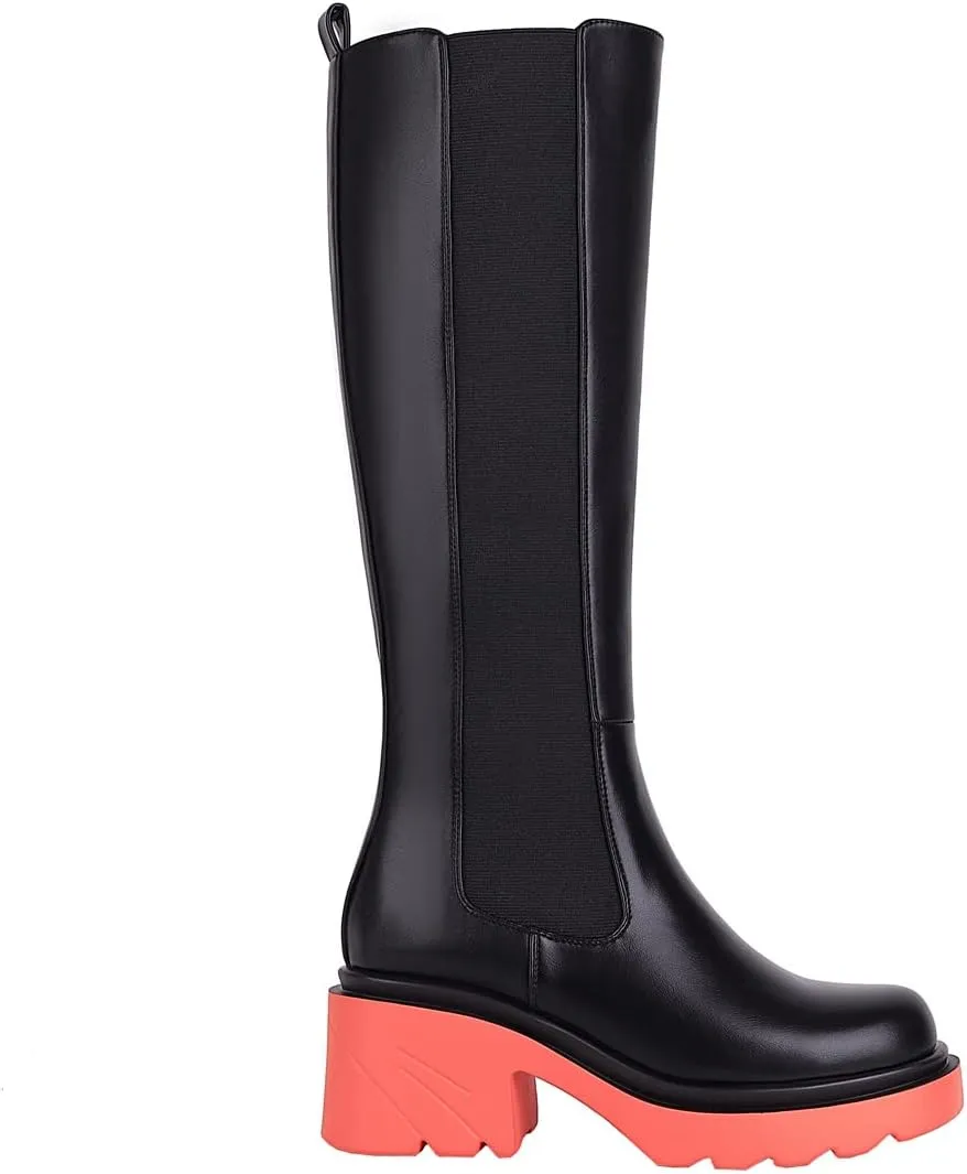 Vivianly Women's Knee High Chunky Block Heel Elastic Lug Sole Stretch Riding Boots with Round Toe and Side Zipper Platform Boots