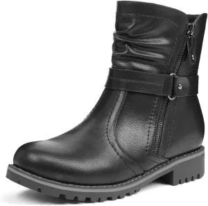 VJH confort Women's Mid Calf Boots, Slouchy Buckle Straps Side Zipper Comfy Low Heel Closed Toe Booties