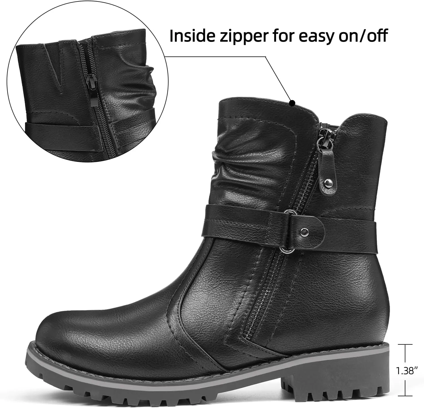 VJH confort Women's Mid Calf Boots, Slouchy Buckle Straps Side Zipper Comfy Low Heel Closed Toe Booties