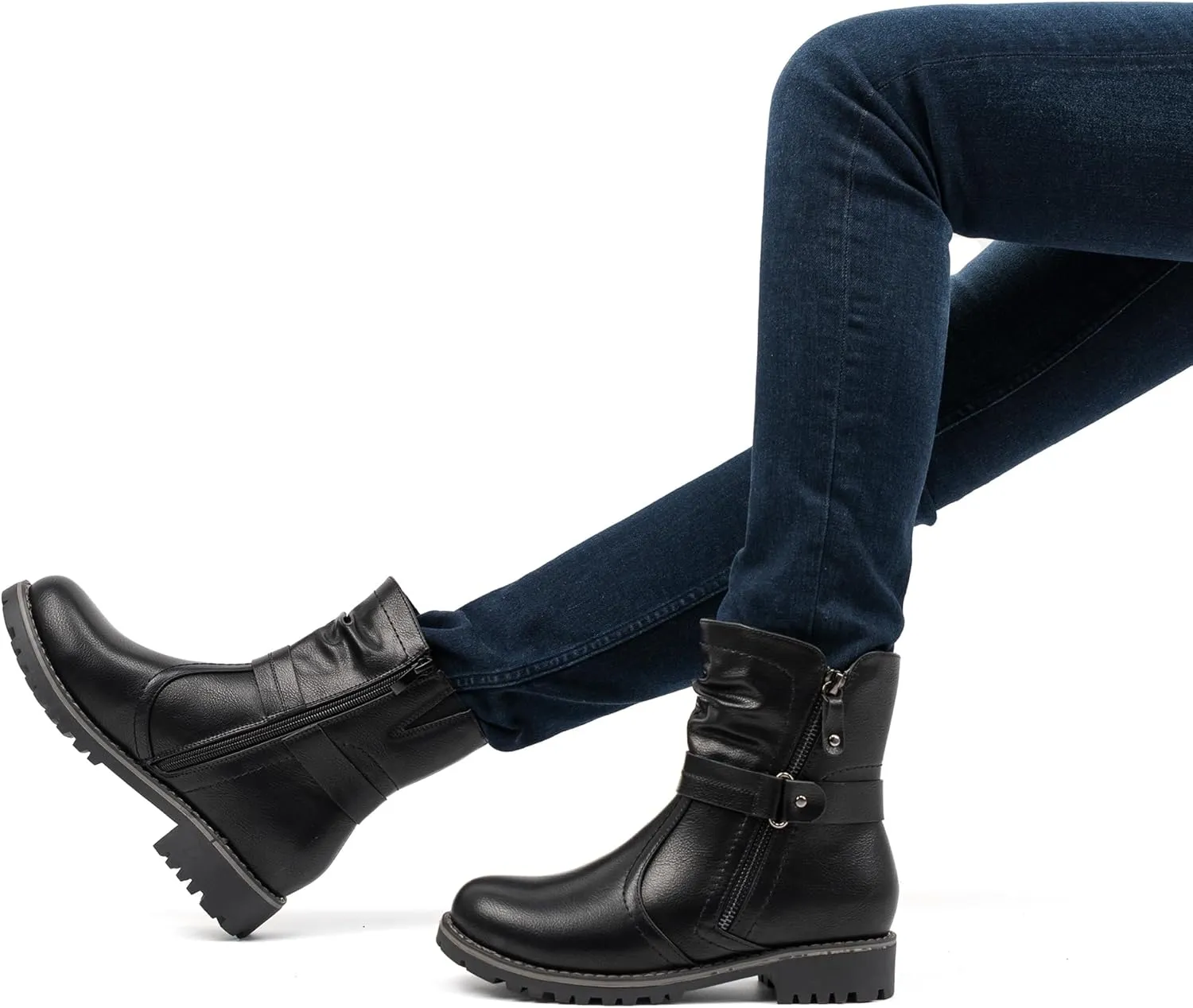 VJH confort Women's Mid Calf Boots, Slouchy Buckle Straps Side Zipper Comfy Low Heel Closed Toe Booties