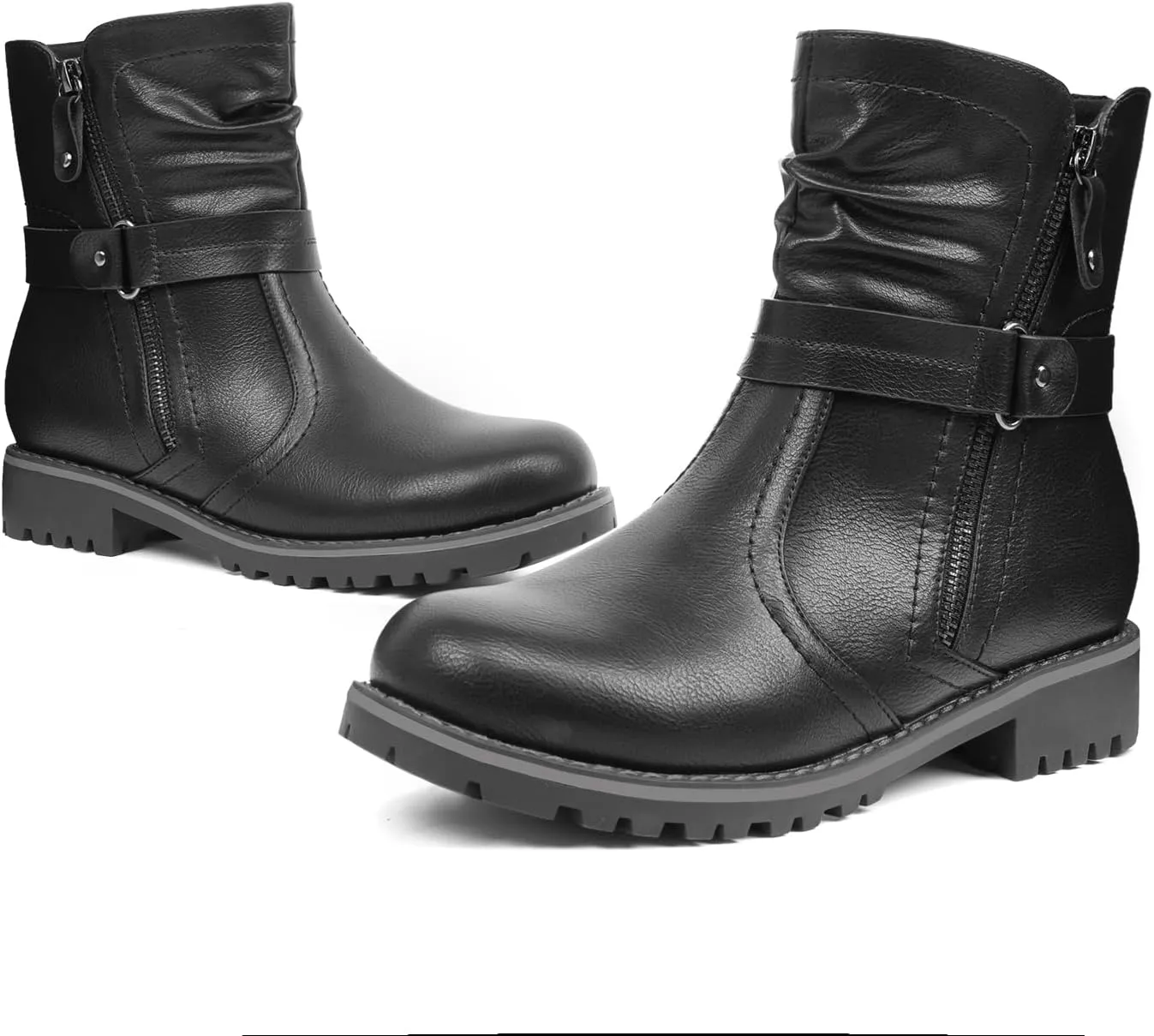 VJH confort Women's Mid Calf Boots, Slouchy Buckle Straps Side Zipper Comfy Low Heel Closed Toe Booties