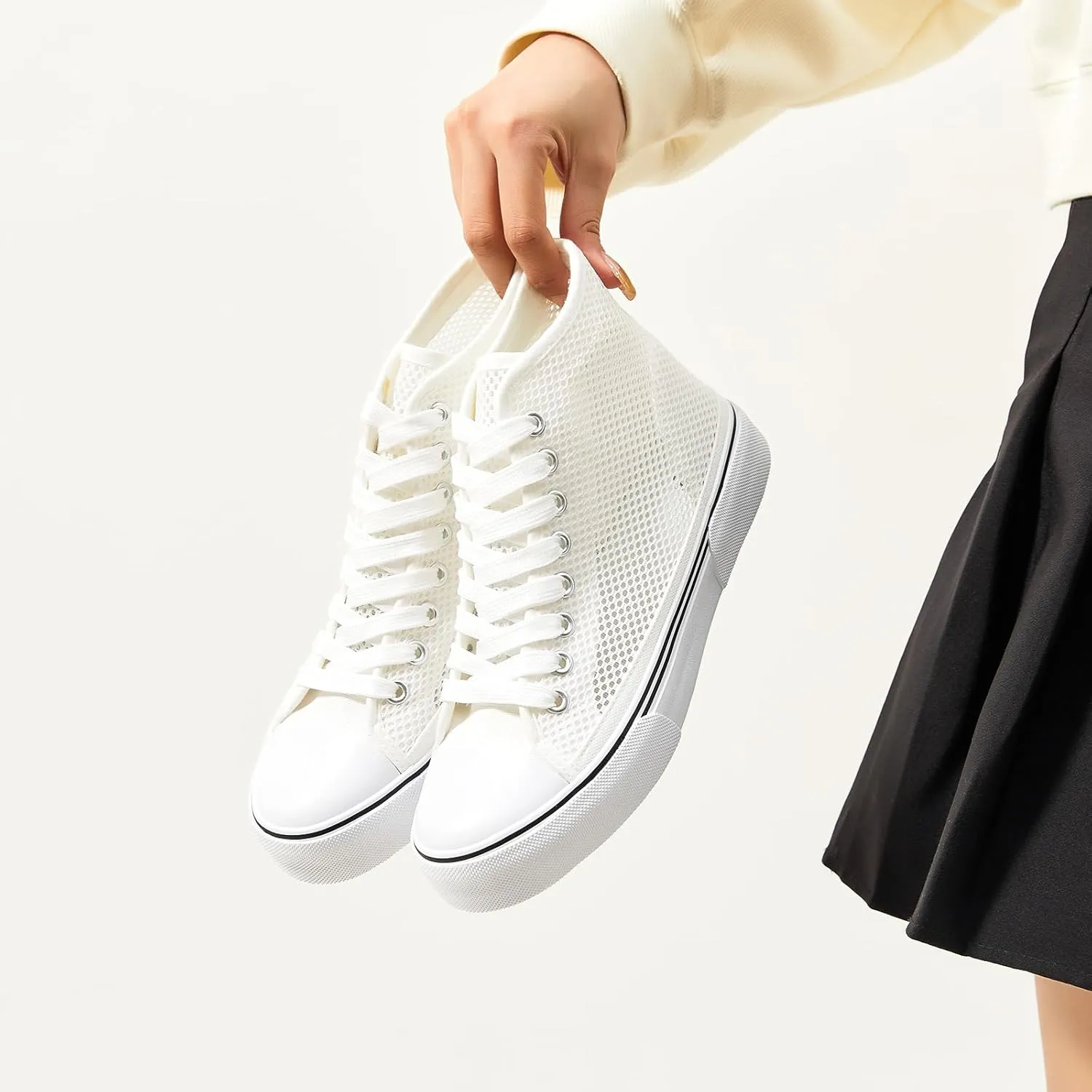Waluzs High Top Sneakers for Women High Tops White Tennis Shoes Women's Summer Mesh Shoes Fashion Canvas Sneakers