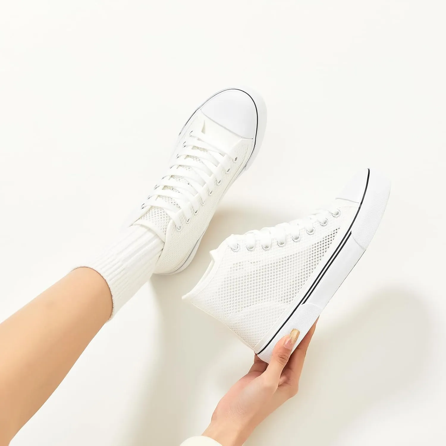 Waluzs High Top Sneakers for Women High Tops White Tennis Shoes Women's Summer Mesh Shoes Fashion Canvas Sneakers