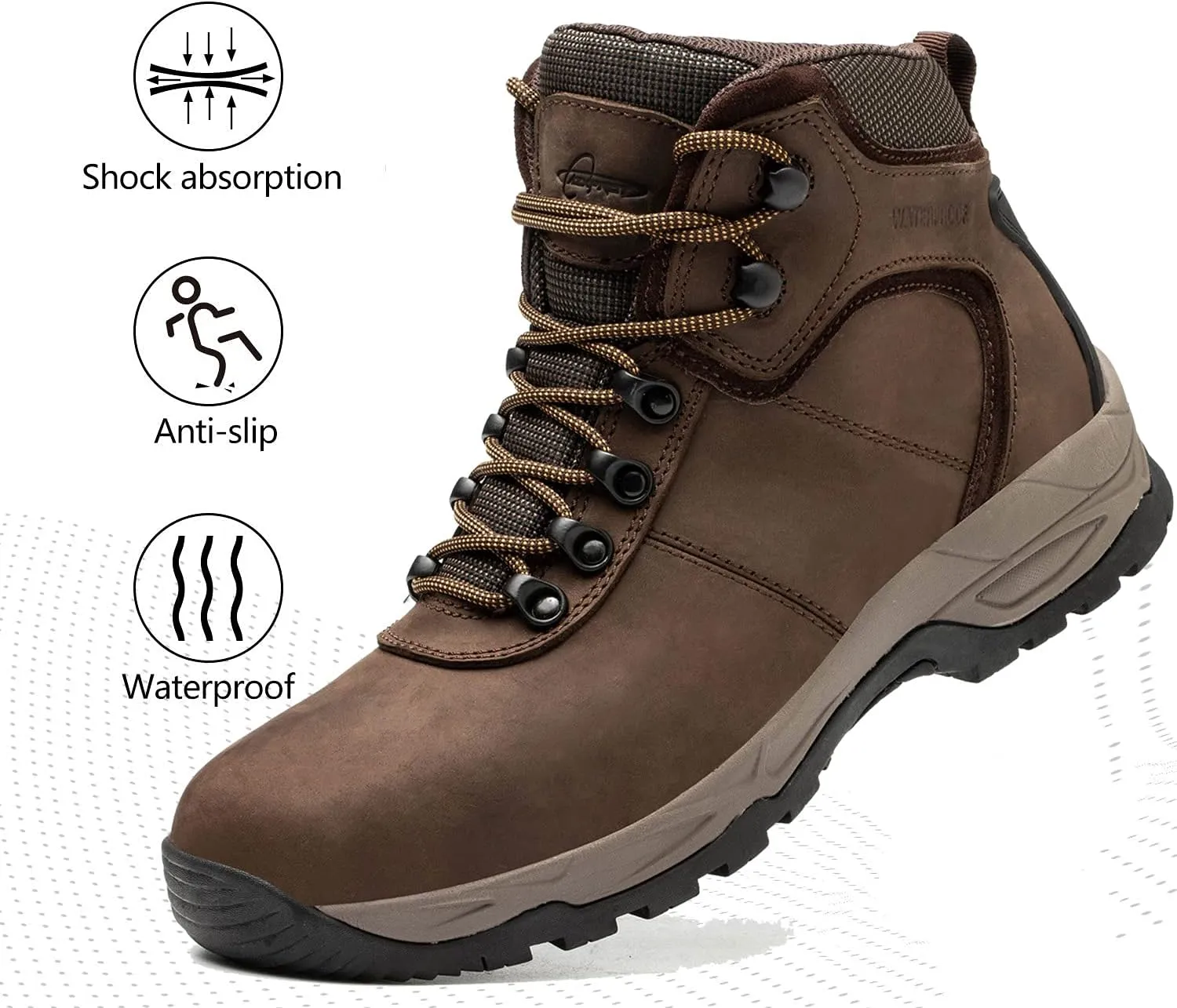 Waterproof Hiking Boots for Men, 6" Comfortable Soft Toe Shoes Mid Non Slip Hiking Shoes Outdoor Travel Shoes Leather Hiking Backpack Boots