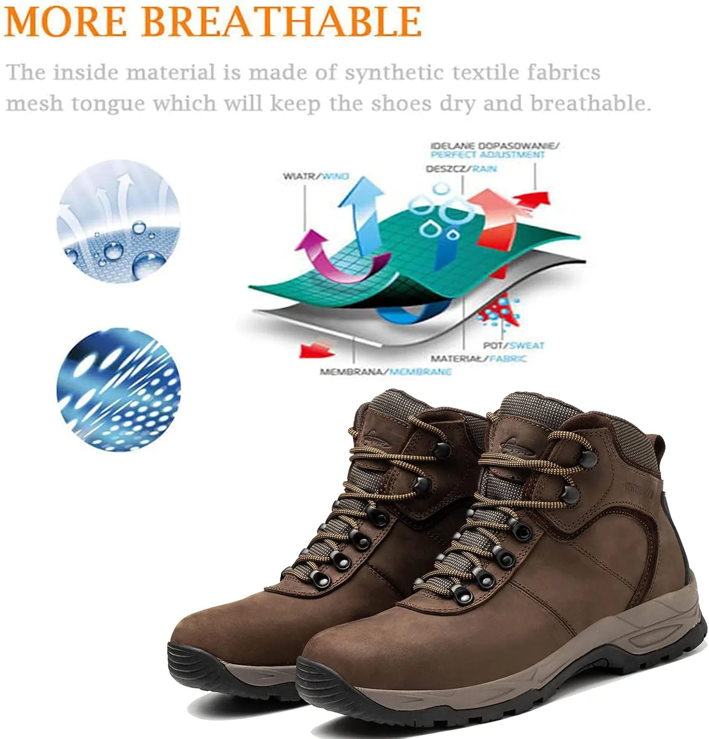 Waterproof Hiking Boots for Men, 6" Comfortable Soft Toe Shoes Mid Non Slip Hiking Shoes Outdoor Travel Shoes Leather Hiking Backpack Boots