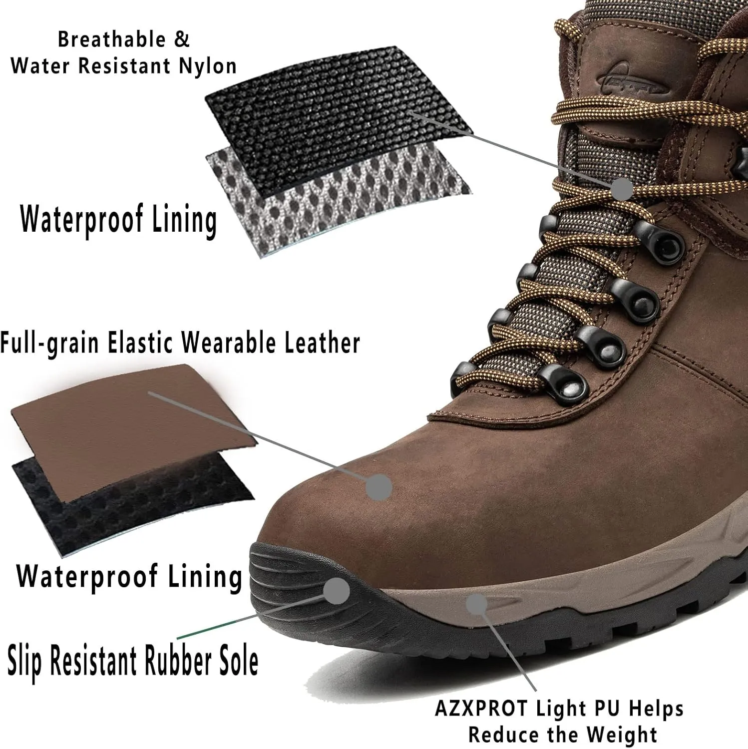 Waterproof Hiking Boots for Men, 6" Comfortable Soft Toe Shoes Mid Non Slip Hiking Shoes Outdoor Travel Shoes Leather Hiking Backpack Boots