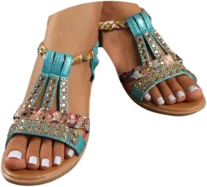 Wedge Sandals for Women,Comfortable Open Toe Sandal T-Strap Rhinestone Beaded Bohemia Beach Shoes with Arch Support