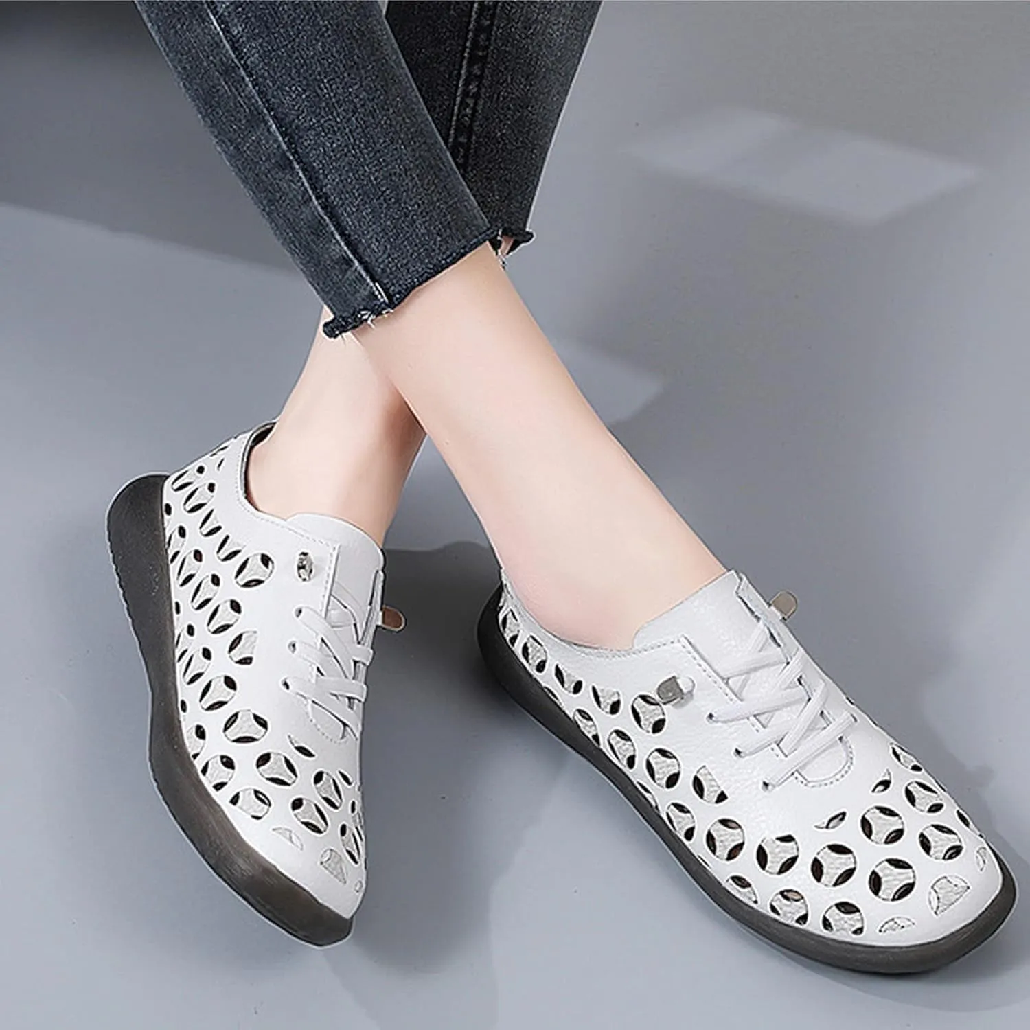 WENOREG Women's Hollow Leather Slip on Tendon Flat Loafers,Summer Orthopedic Soft Bottom Lace up Breathable Non-Slip Mom Work Walking Shoes Lightweight Casual Sandals