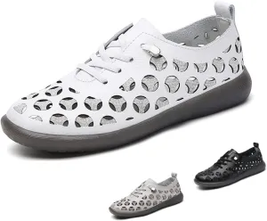 WENOREG Women's Hollow Leather Slip on Tendon Flat Loafers,Summer Orthopedic Soft Bottom Lace up Breathable Non-Slip Mom Work Walking Shoes Lightweight Casual Sandals