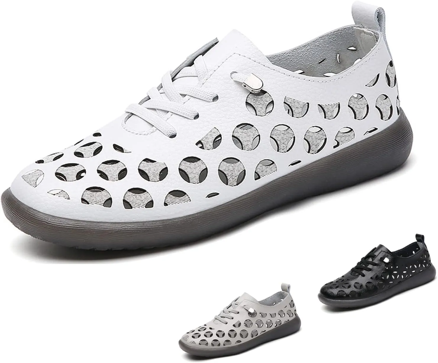 WENOREG Women's Hollow Leather Slip on Tendon Flat Loafers,Summer Orthopedic Soft Bottom Lace up Breathable Non-Slip Mom Work Walking Shoes Lightweight Casual Sandals